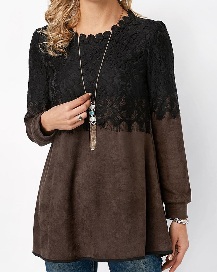 Long Sleeve Black Lace Polyester Top