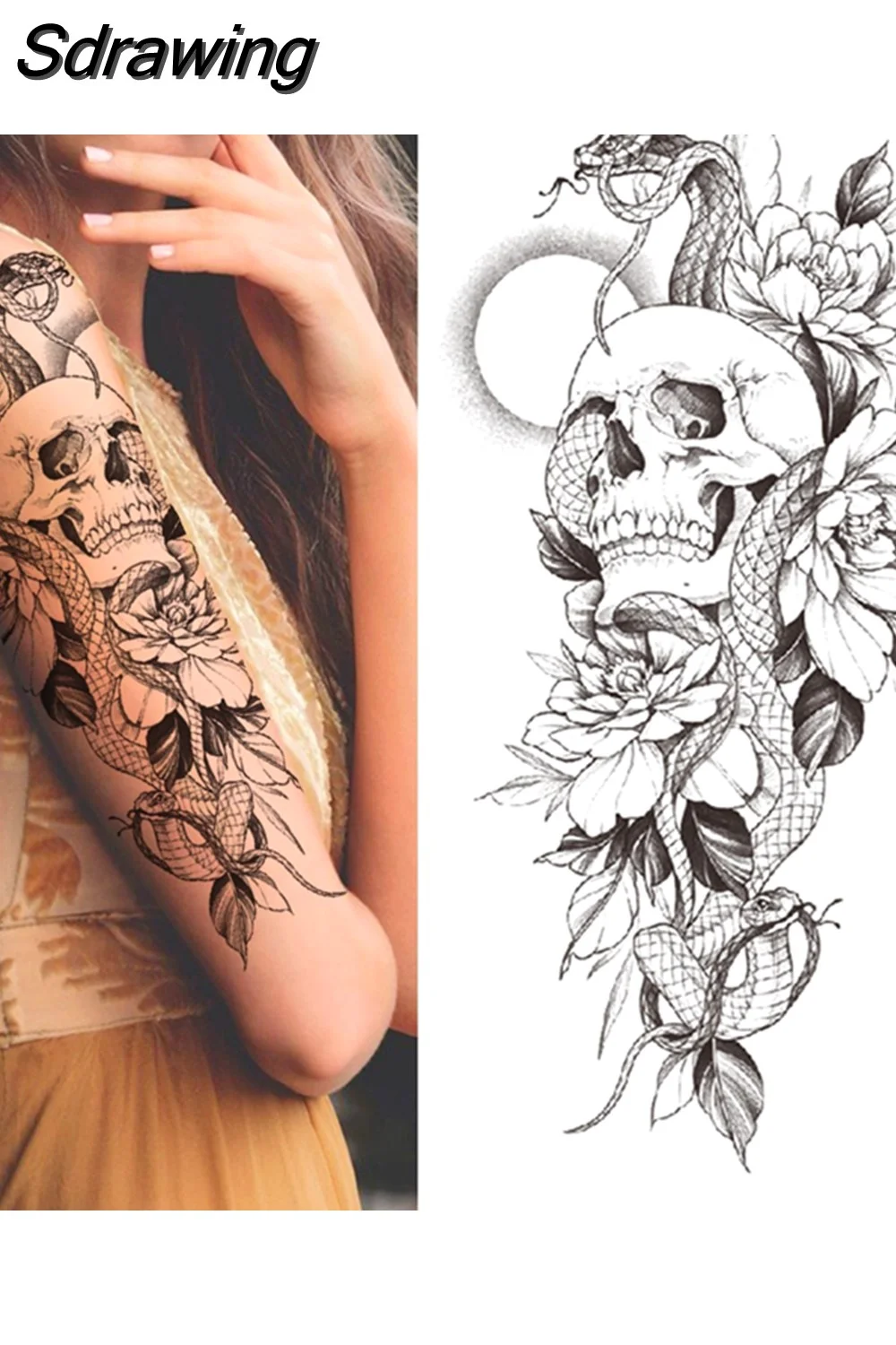 Sdrawing Fake Peony Temporary Tattoos For Women Girl Black Rose Elephant Flower Tattoo Sticker Tiger Anemone Tatoos Half Sleeve 521-1