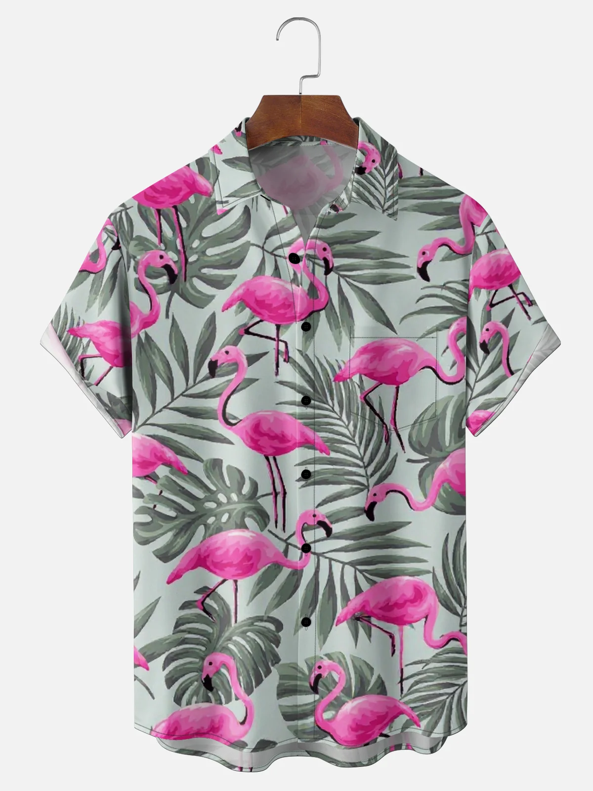 Moisture-wicking Palm Tree Flamingo Chest Pocket Hawaiian Shirt PLUSCLOTHESMAN