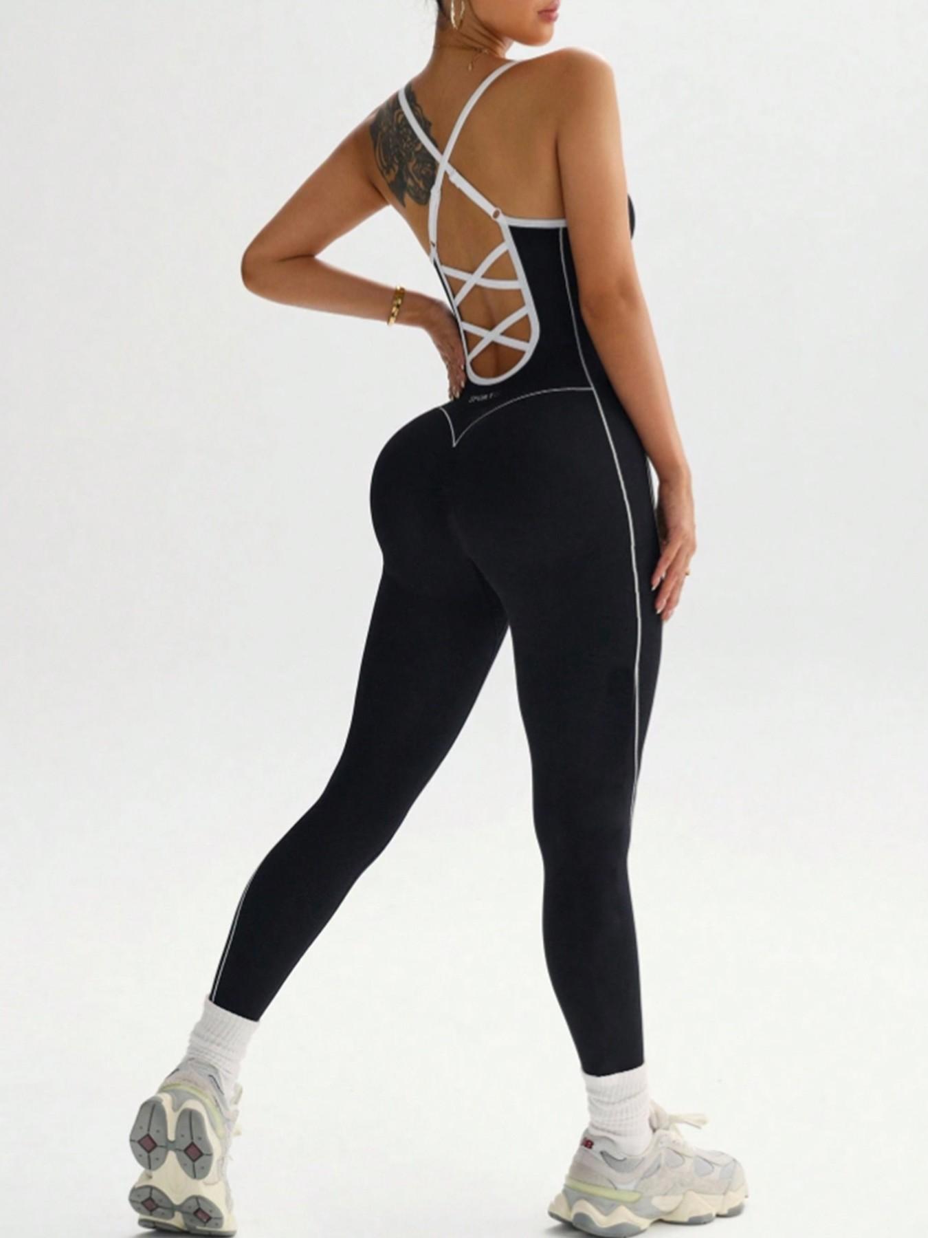 Women's Seamless High Stretch Knit Halter Sporty Jumpsuit Tight Fit Nine-Quarter Pants, Back Cross Shoulder Straps, Outdoor Cycling Gym Yoga Daily Wear
