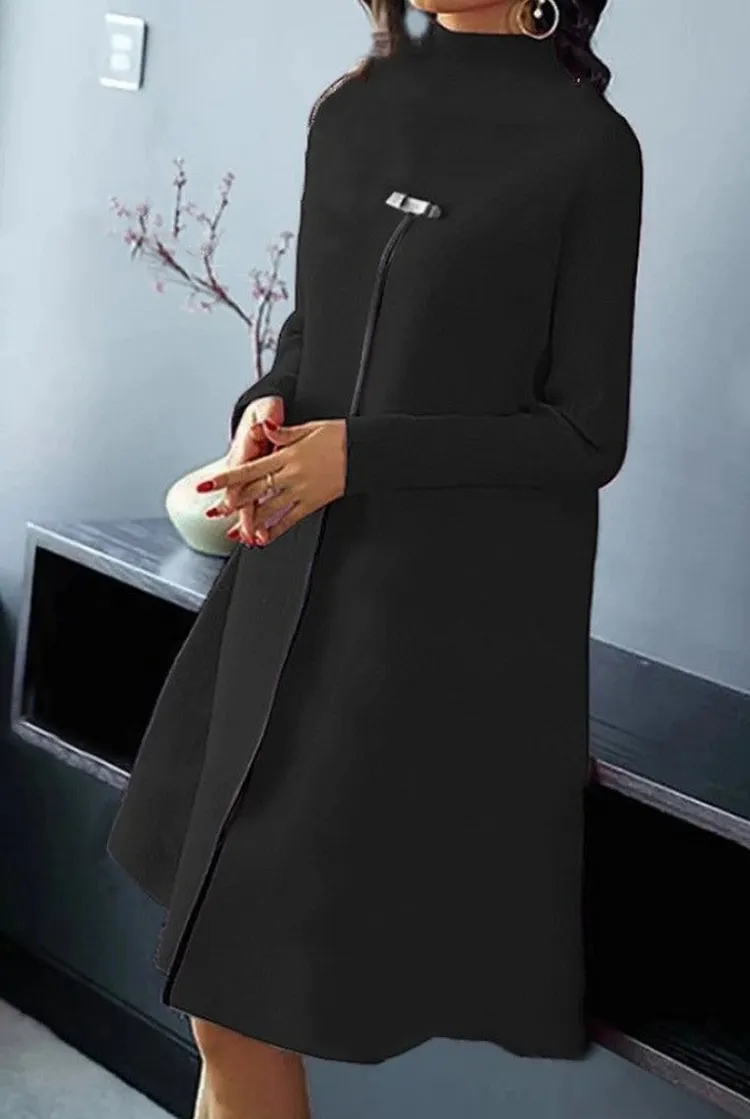 Elegant High Neck Midi Dress with Flared Hem Women's Long Sleeve