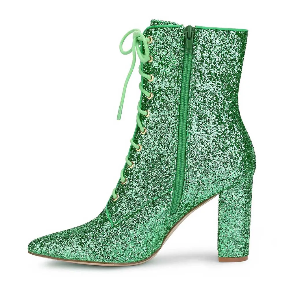 Fashion Green Glitter Pointed Toe Lace Up Zipper Heeled Booties