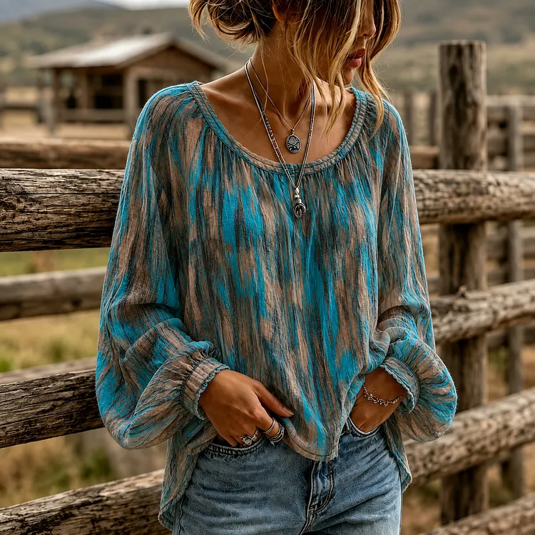Women's Vintage Western Print Crew Neck Long Sleeve Linen Blend T-shirt