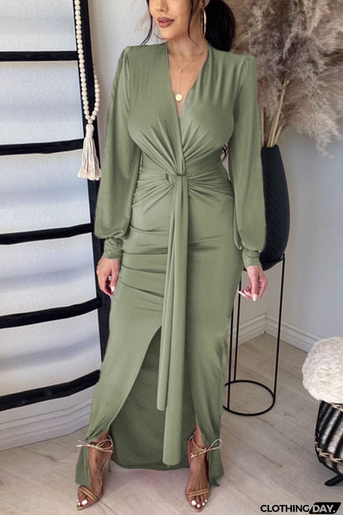 Deep V Neck Slit Hem Knotted Maxi Dress