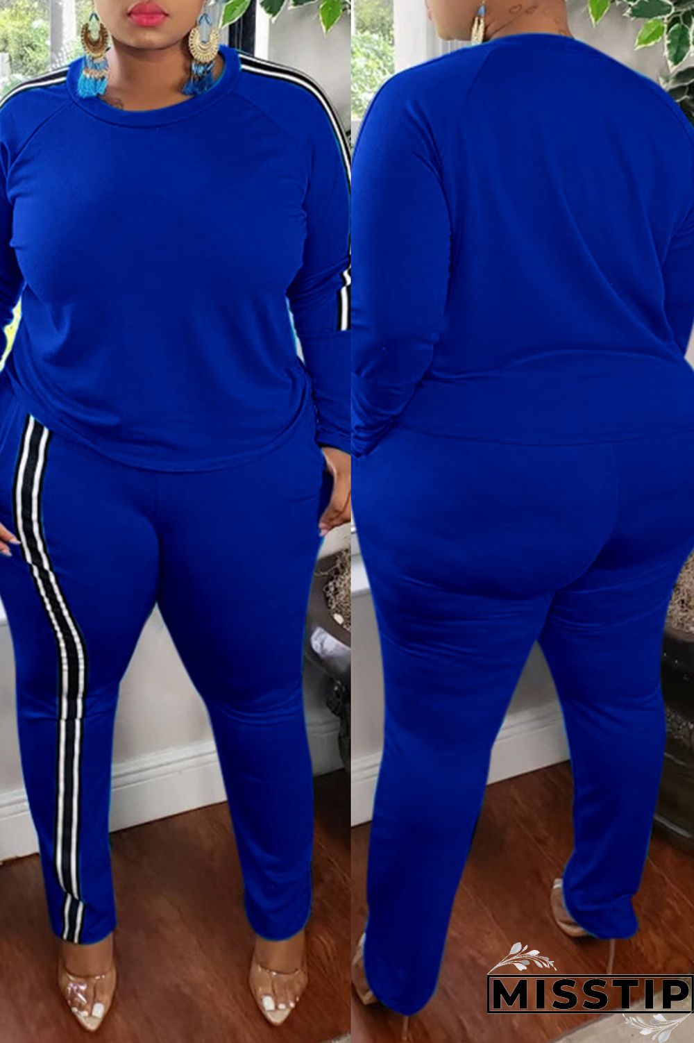 Blue Fashion Casual Striped Patchwork O Neck Plus Size Two Pieces