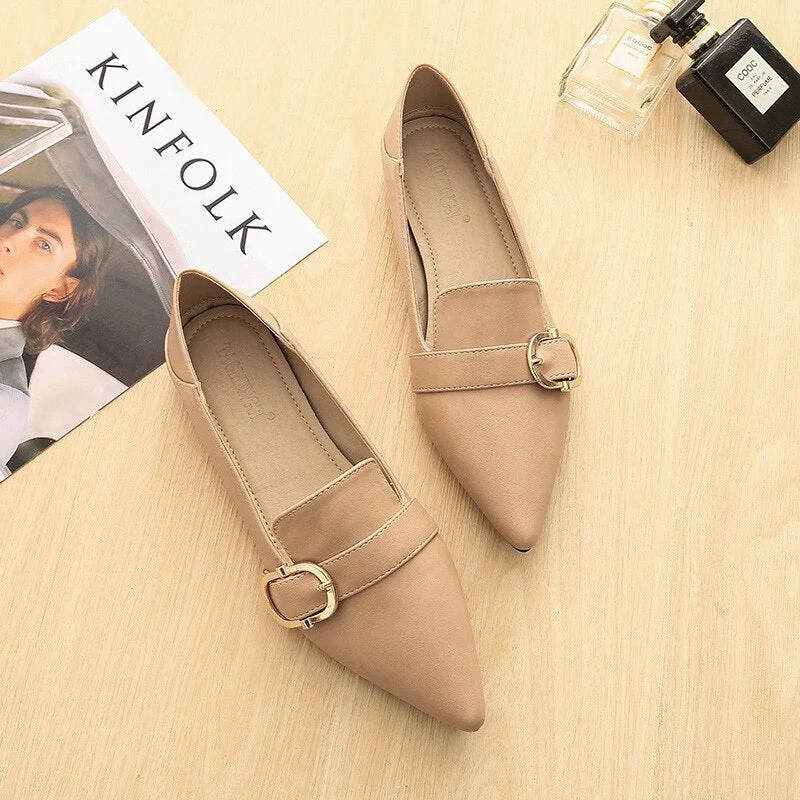 Pointed Toe Flats Womens Metal Buckle Single Shoes Cloth Belt Ballerina Loafers Slip On Lady Office Shoes Dress Leather Creepers
