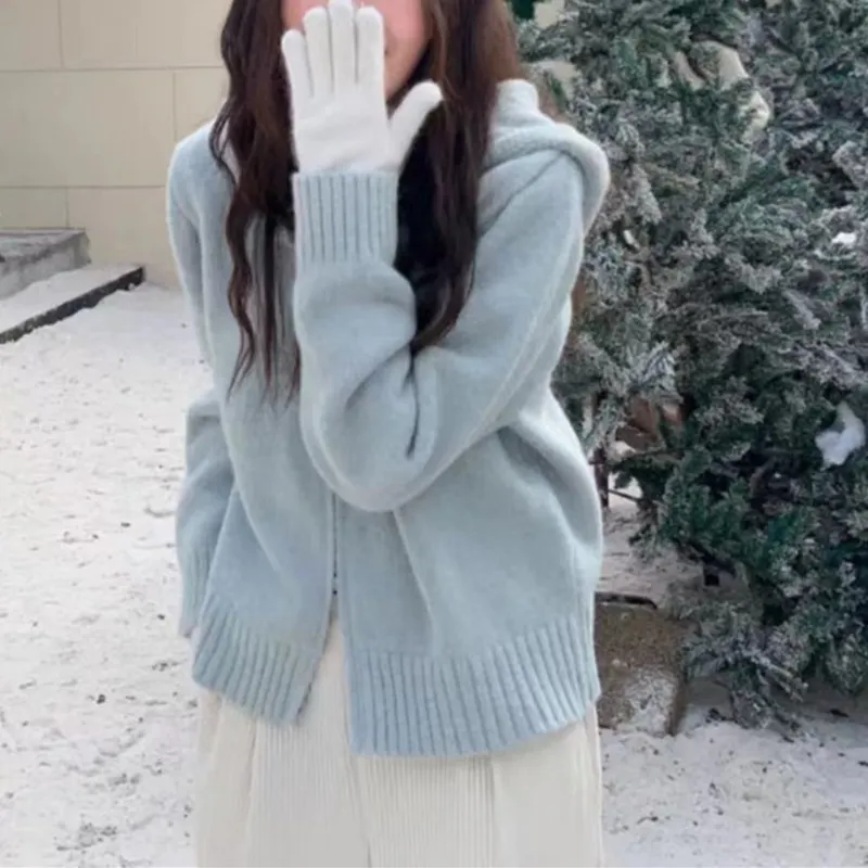 Churchf Churchf Style Multi-Color Hooded Double Zipper Knit Cardigan Women's New Short Hair Sweater Hoodie Autumn And Winter Small Coat