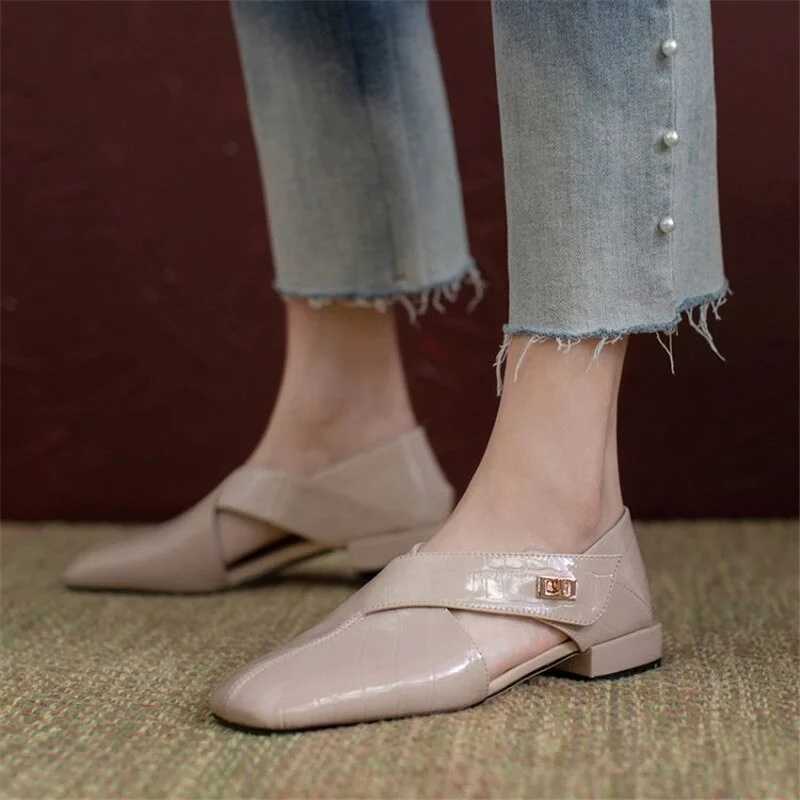 Vstacam 2023 Spring Genuine Leather Women Pumps Fashion Hollow Small Leather Shoes Low Heel Square Toe Buckle Solid Color Commuter Shoes