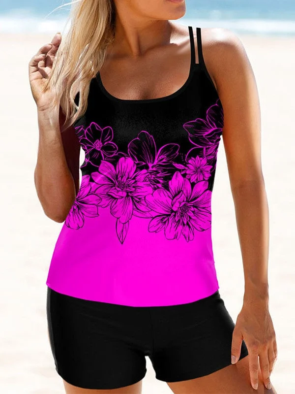 Plus Size Swimwear Sleeveless Bright Graphic Striped Lace-up Floral Printed Bikini,