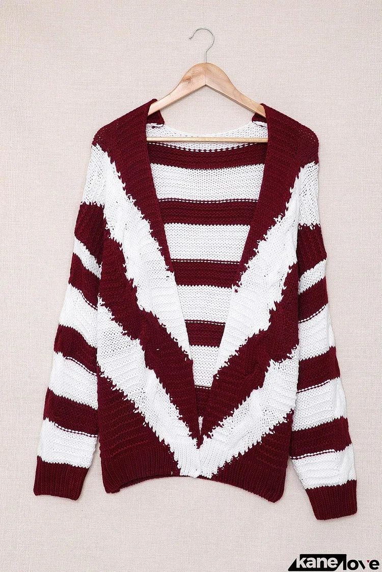 Two-Tone Striped Open Front Ribbed Trim Cardigan