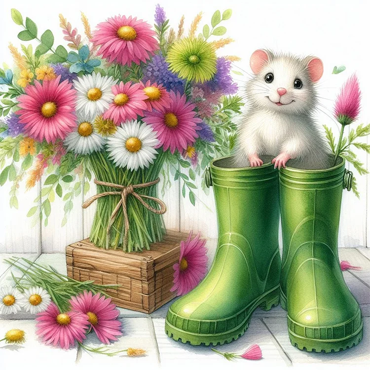 Full Round Diamond Painting - Little Mouse And Flowers In Boots 30*30CM