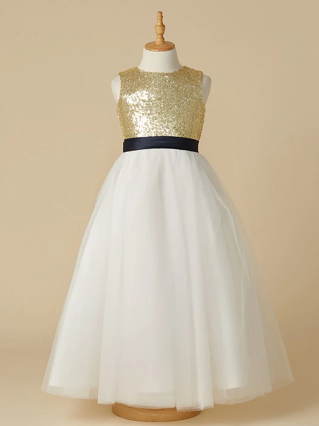 Daisda Sleeveless Jewel Neck A-Line Flower Girl Dress Ankle Length Tulle With Sash Ribbon Bow Sequins