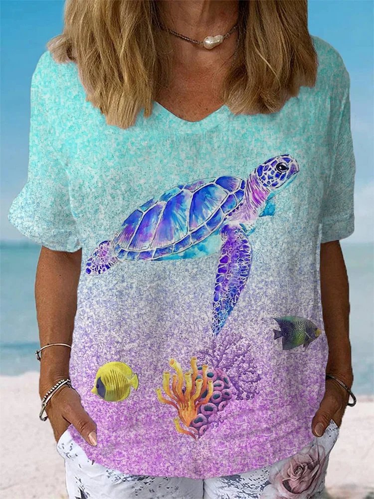 Women's Glittering Turtle Art Print Casual Cotton And Linen Shirt