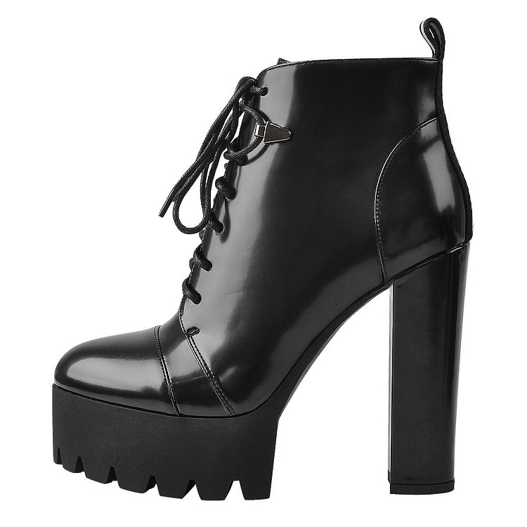 Goth Black Lace Up Chunky Heel PU Ankle Booties