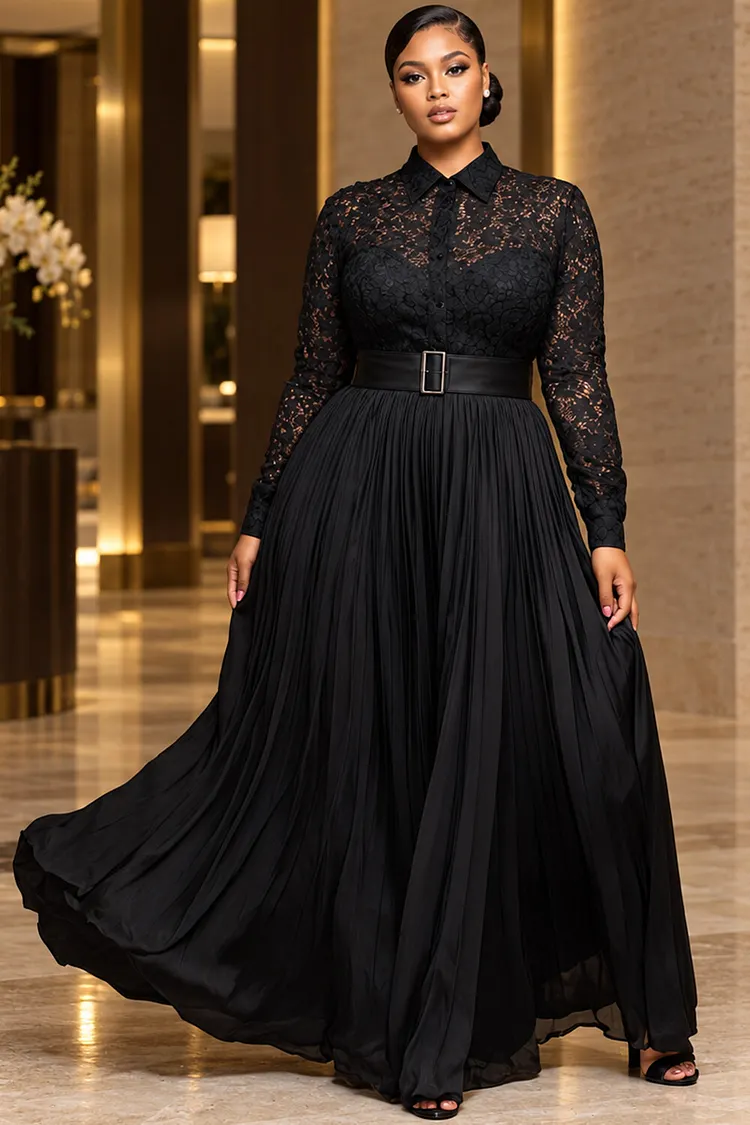 Xpluswear Design Plus Size Formal Chiffon Black Shirt Collar Long Sleeve Contrast Fold Lace Maxi Dresses [Pre-Order] 2024 - Xpluswear