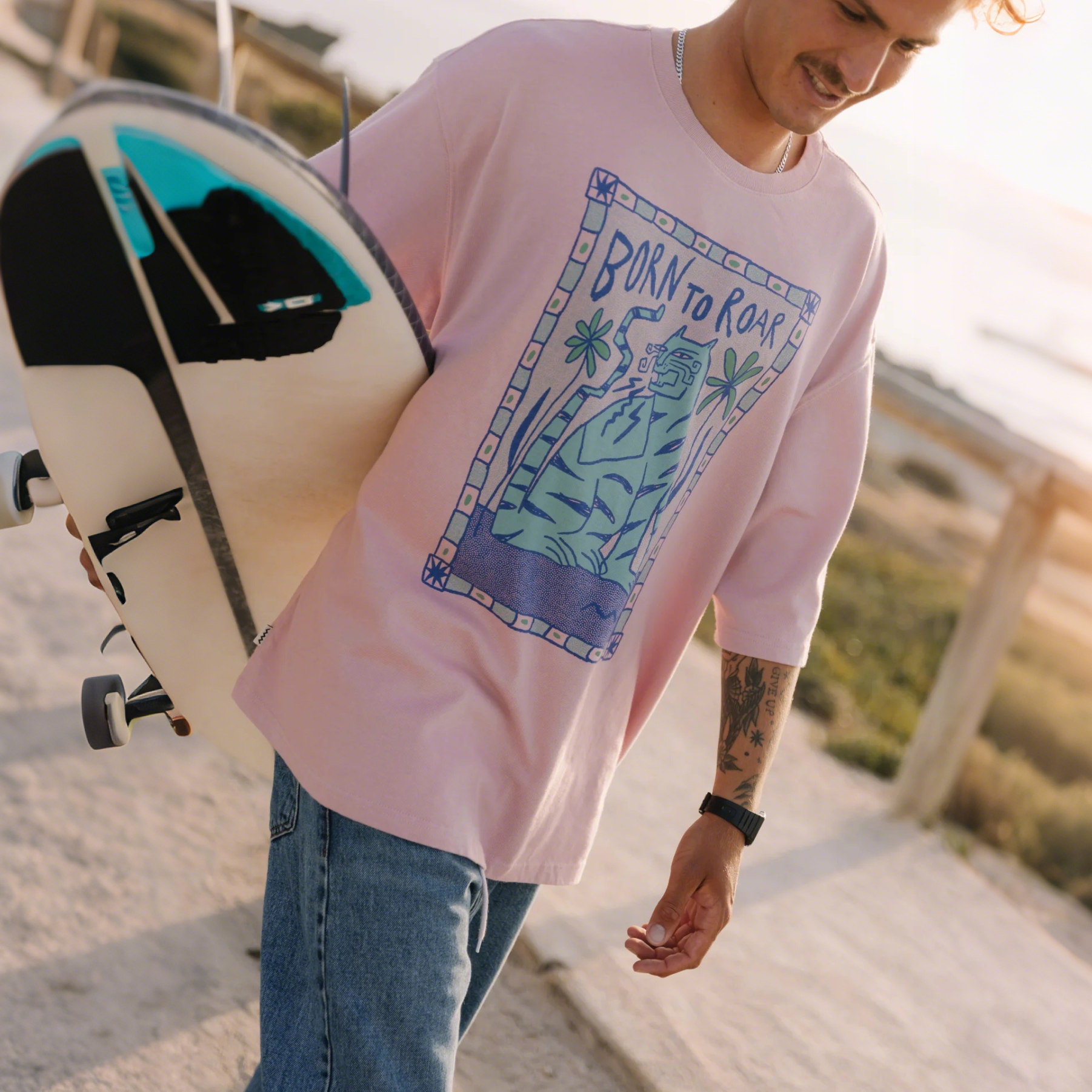 thesupersurf Cotton Blend Black T-Shirt with Embroidered 'Eat Waves' Noodle Design 