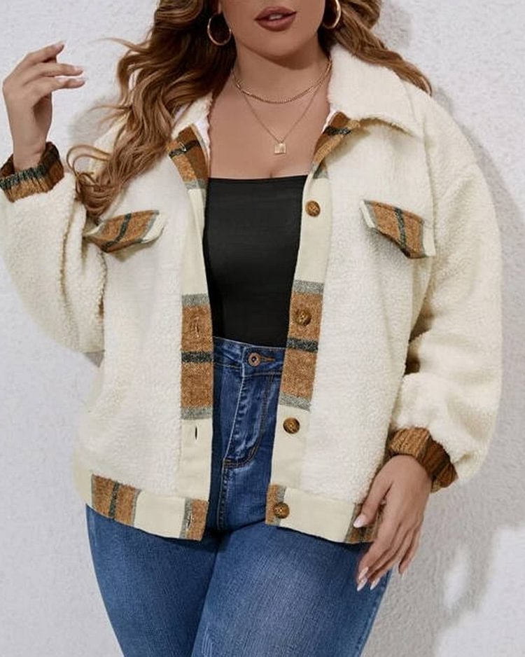 White Check Panel Polyester Women's Design Casual Jacket