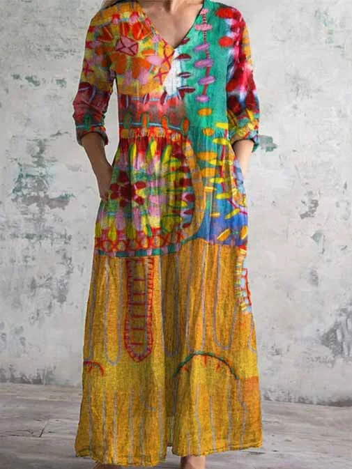 Women's 3/4 Sleeve V-neck Floral Printed Midi Dress