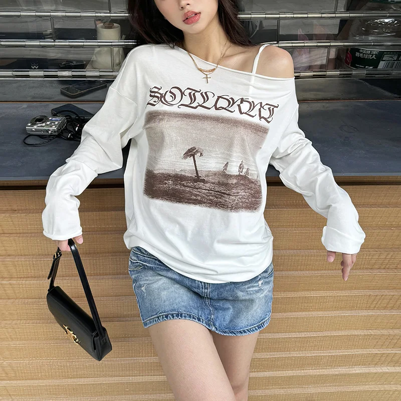 Uveng 2024 Summer New Women's Fashion Trend Hop Print Loose Long-Sleeved And Shoulder T-Shirt