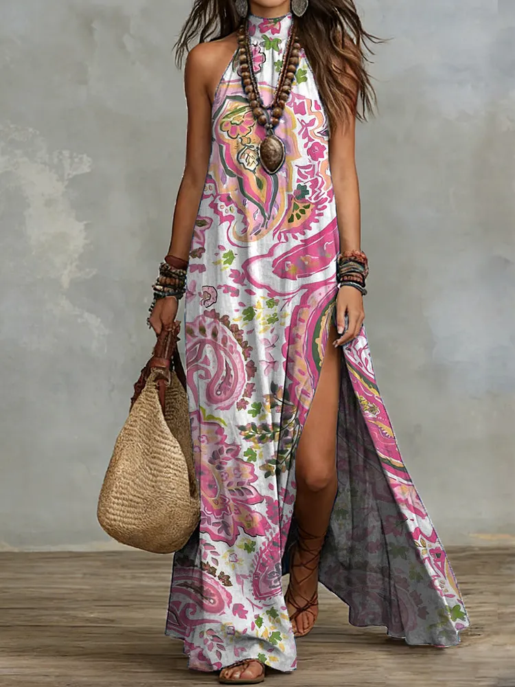 Women's Vintage Floral Art Print Casual Chic Halter Maxi Dress