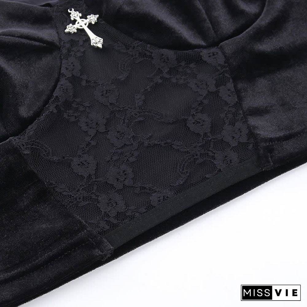 Gothic Cross Buckle Lace Hollow Out Crop Top