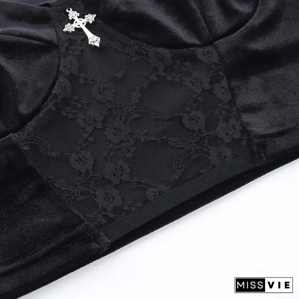 Gothic Cross Buckle Lace Hollow Out Crop Top