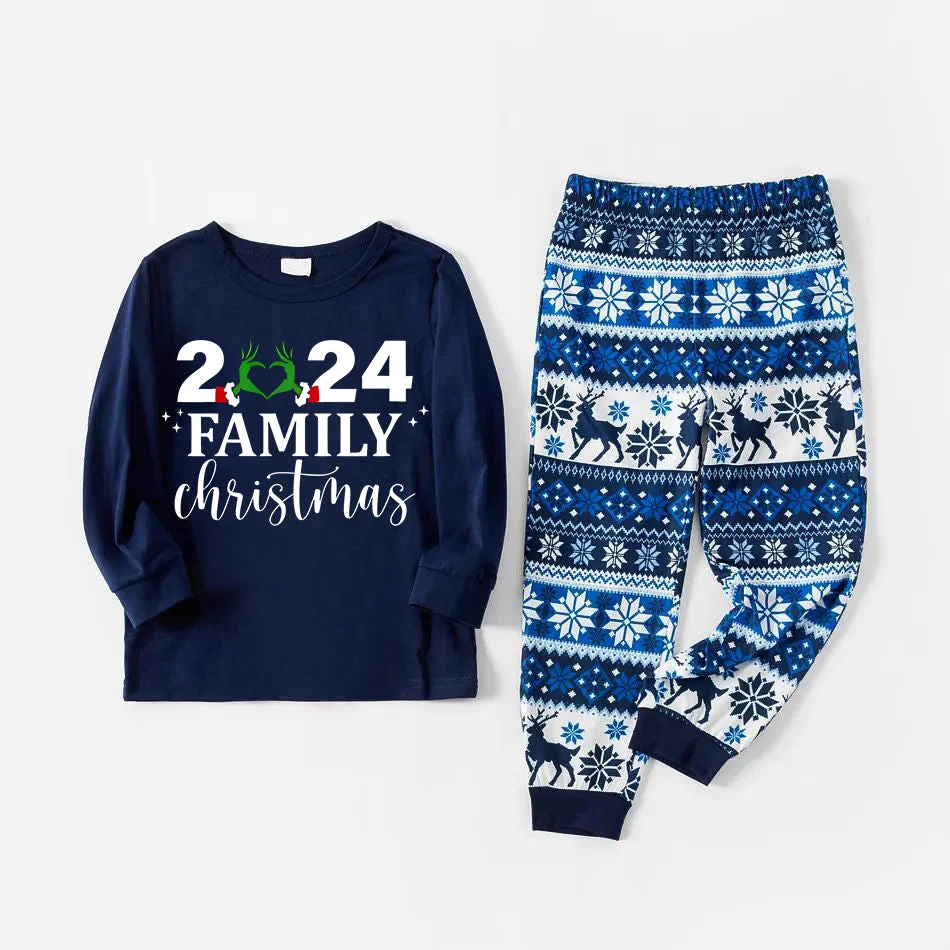 "2024 Family Chriatmas" Quirky Heart Letter Print Blue Long Sleeve Family Matching Pajamas With Dog bandana