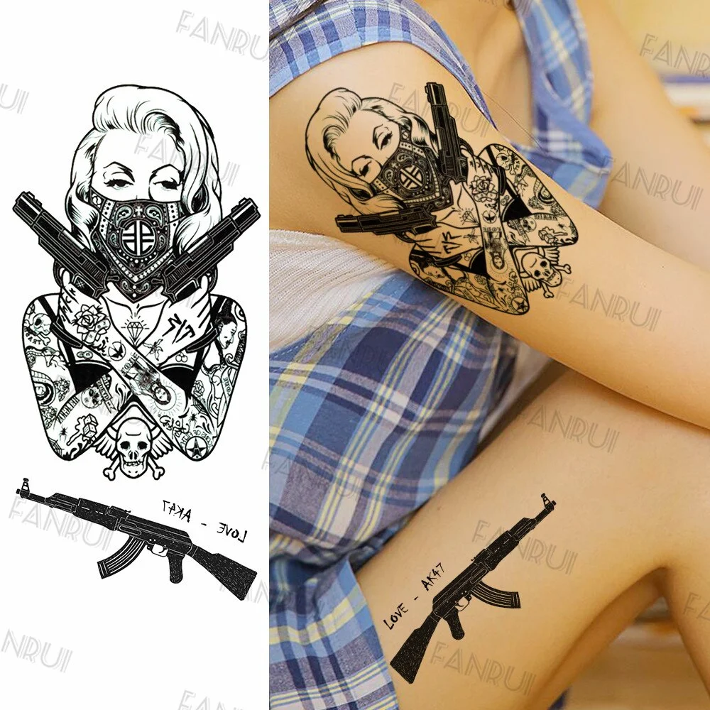 Black Gun Tattoos Sticker For Men Women Arm Art Temporary Tattoos Realistic Fake Flower Lion Tiger Tatoos Decal Cool Warrior DIY