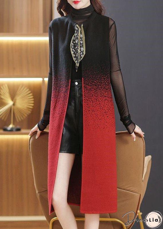 Women Black O Neck Pockets Lace Up Patchwork Woolen Long Waistcoat Sleeveless