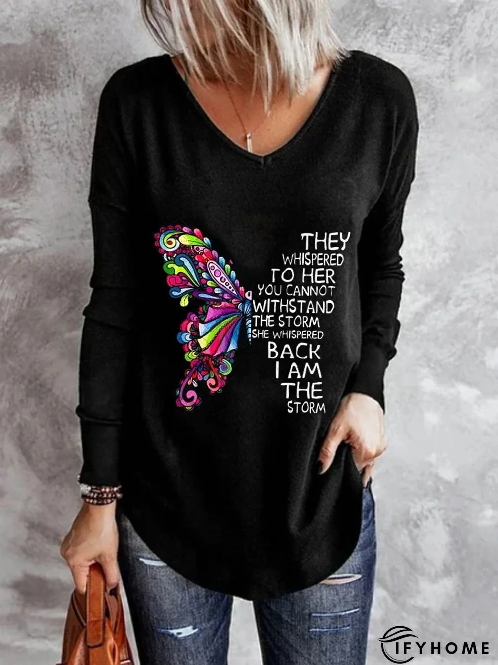 Casual Long Sleeve V Neck Printed Top T-shirt | IFYHOME