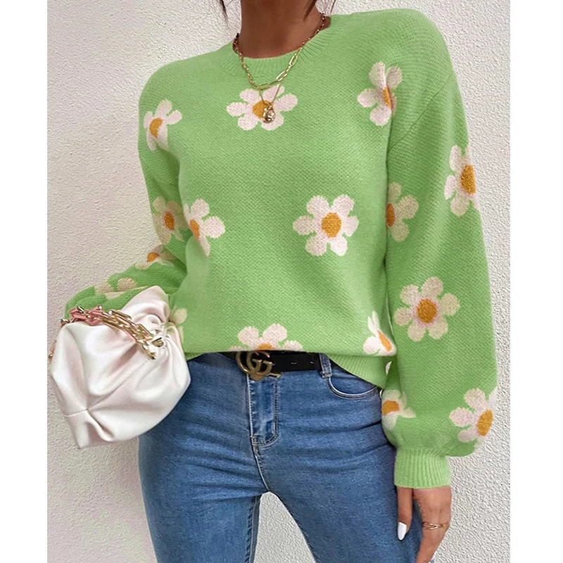 Wongn Wongn And Winter New Women's Fashion Sweater Long Sleeve Loose Knit Jumper Round Collar Small Autumn Chrysanthemum Women's Type Sweater