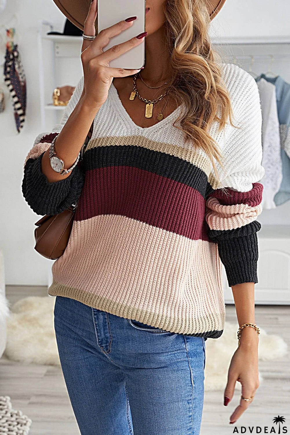 Khaki Colorblock V Neck Ribbed Knitted Sweater