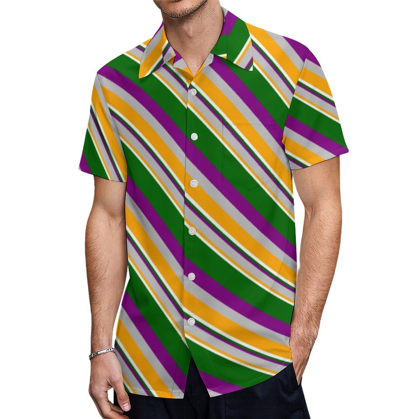 Orange Grey Purple Dark Green White Lines Hawaiian Shirt Mens Button Down Tropical Hawaii Beach Shirts