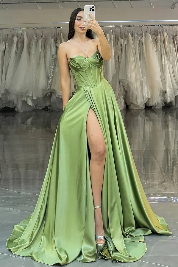 Daisda Green Sleeveless Strapless A-Line Long Prom Dress