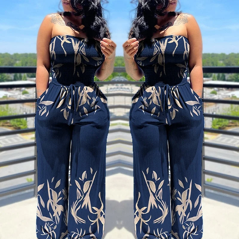 Woman Summer Fashion One Piece Suit Holiday Off Shoulder Floral Print Drawstring Waist Shirred Bodice Wide Leg Jumpsuit Elegant