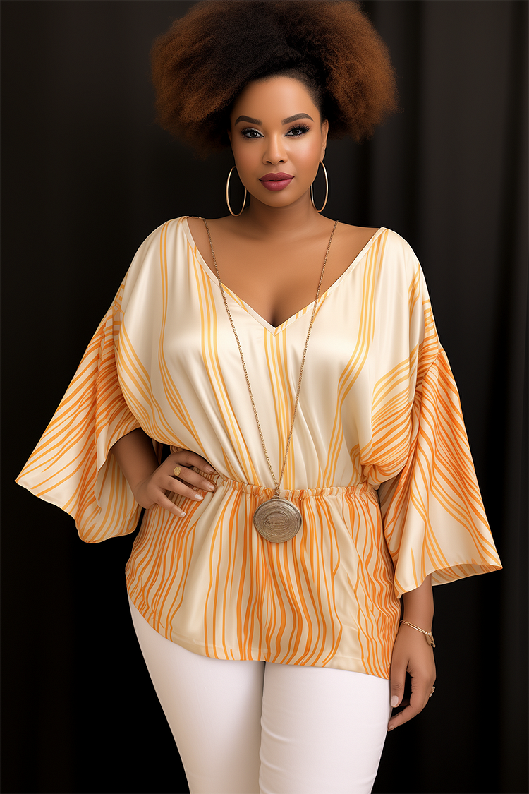 Xpluswear Design Plus Size Business Casual Orange Striped Print V Neck 3/4 Sleeve Satin Blouses [Pre-Order]