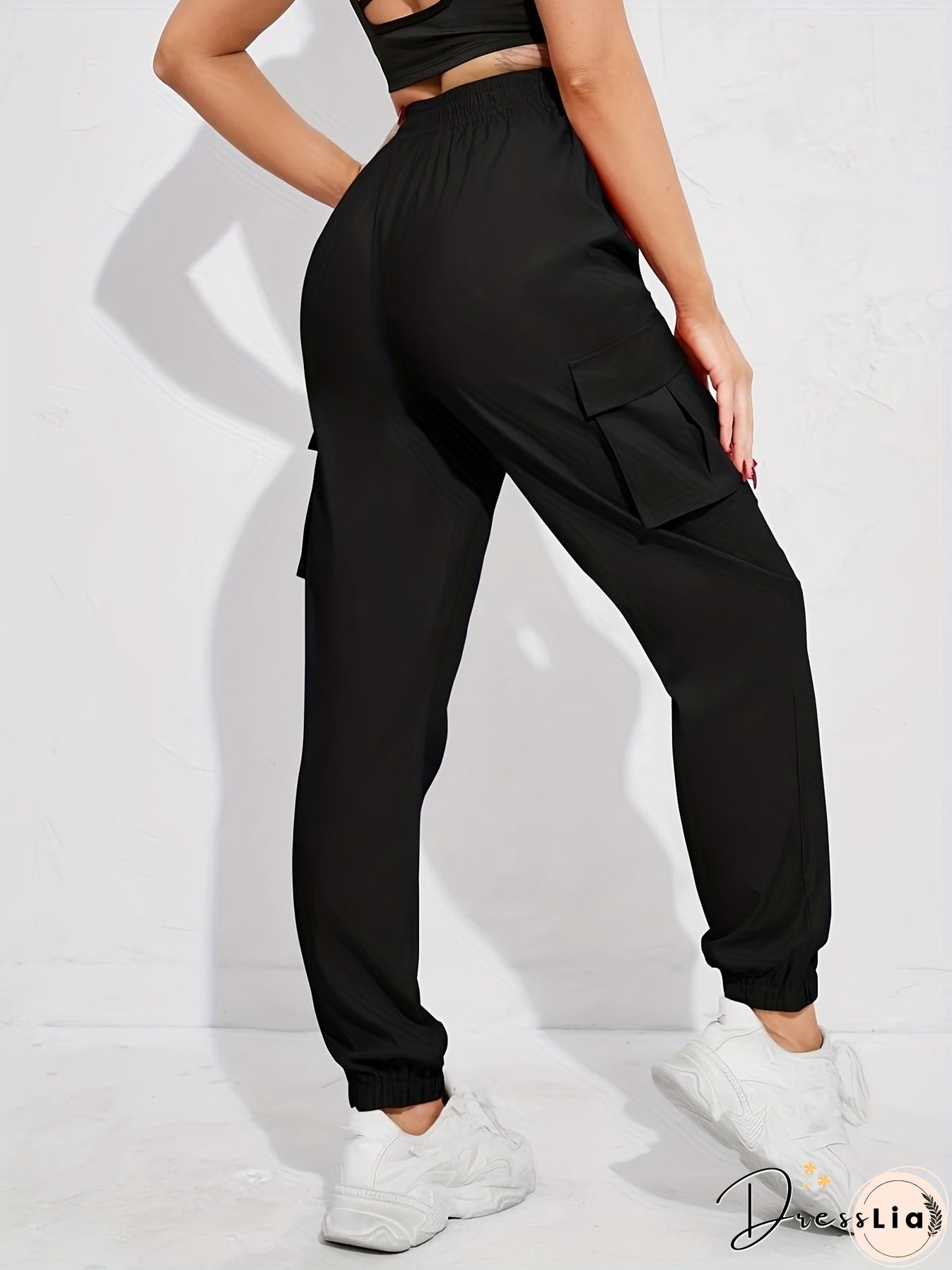 Solid Color Casual Joggers Sweatpant, Cargo Loose High Waisted Pants With Pockets, Women's Athleisure