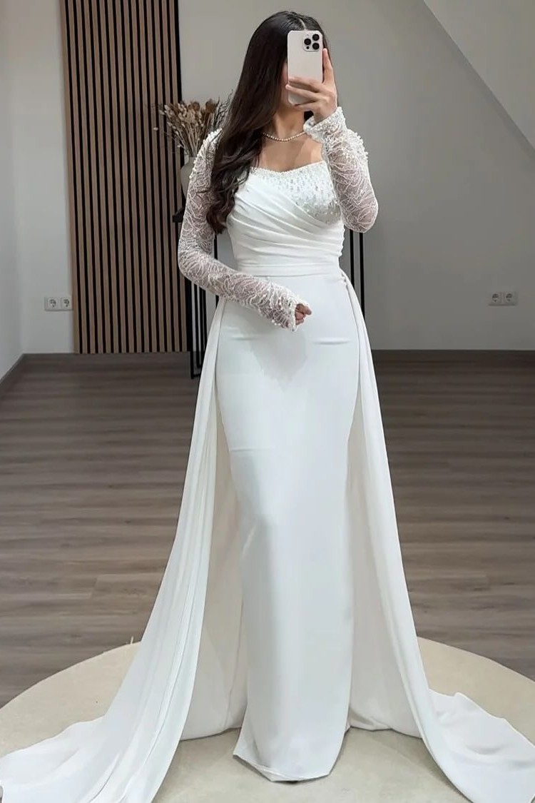 Oknass Glamorous White Long Sleeves Long Mermaid Prom Dress With Pleated