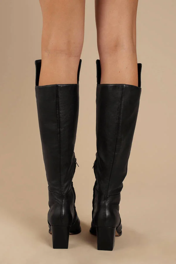 Black Knee High Chunky Heel Boots Vegan Fashion Long Boots |FSJ Shoes