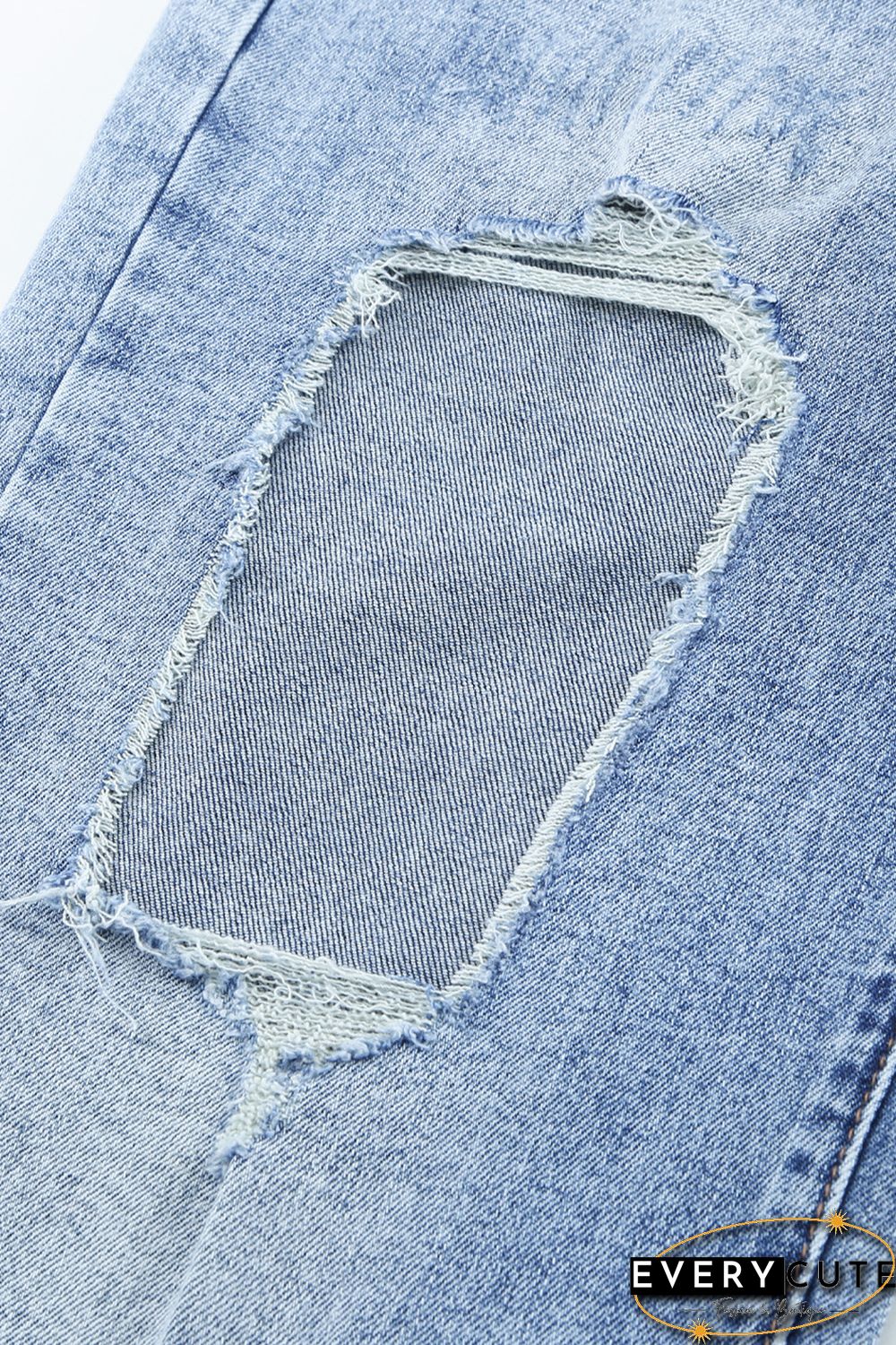 Light Blue Washed Holes Ripped Wide Leg Jeans