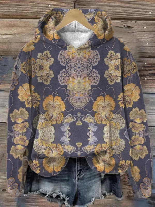 Women's Art Flower Pattern Embroidery Print Long Sleeve Hoodie