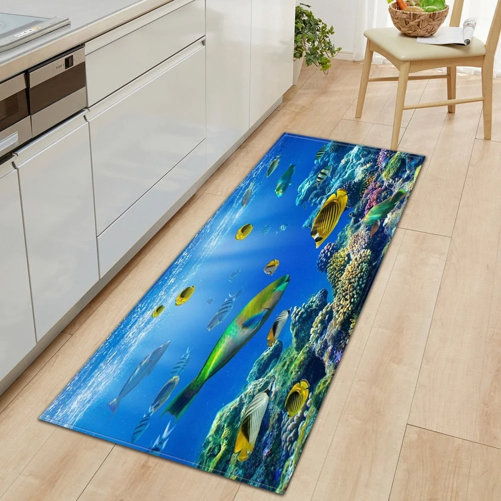 3D Underwater World Kitchen Mat  Entrance Doormat Bedroom Floor Decoration Living Room Carpet Bathroom Non-Slip Rug Long Strip