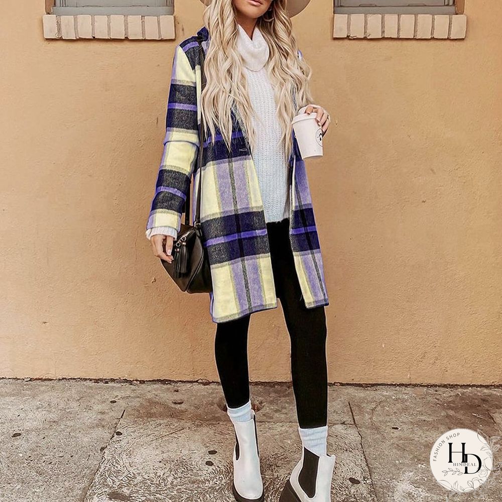Autumn Women Casual Plaid Print Coat Fashion Long Sleeve Turn-down Collar Cardigan Coat Ladies Loose Commuter Woolen Jacket