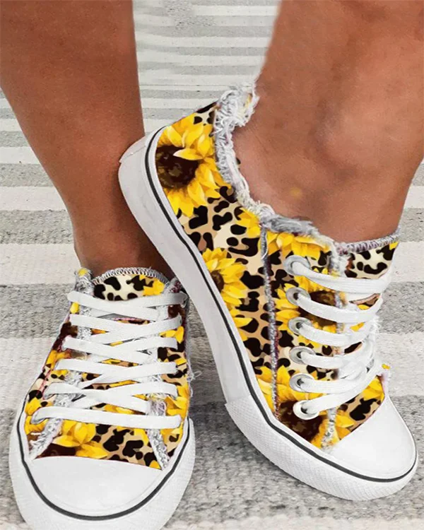 SUNFLOWER FLORAL LACE-UP CANVAS SNEAKERS