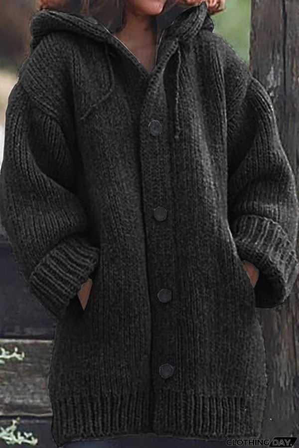 Casual Solid Color Pocket Buttoned Hooded Cardigan
