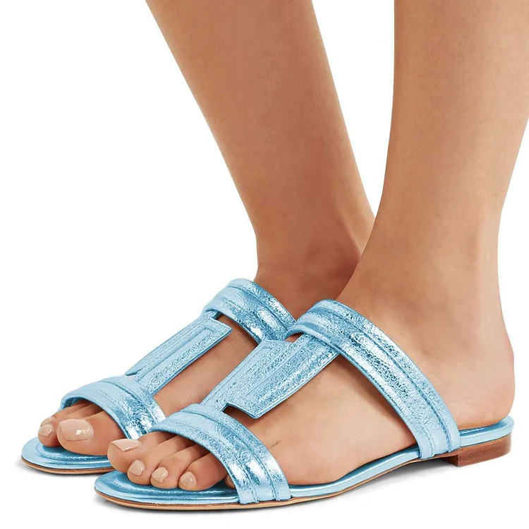 Blue T Strap Flat Beach Sandals |FSJ Shoes