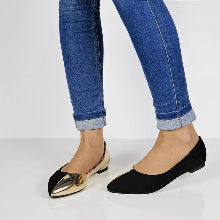 Black and Gold Pointy Toe Flats Comfortable Shoes |FSJ Shoes