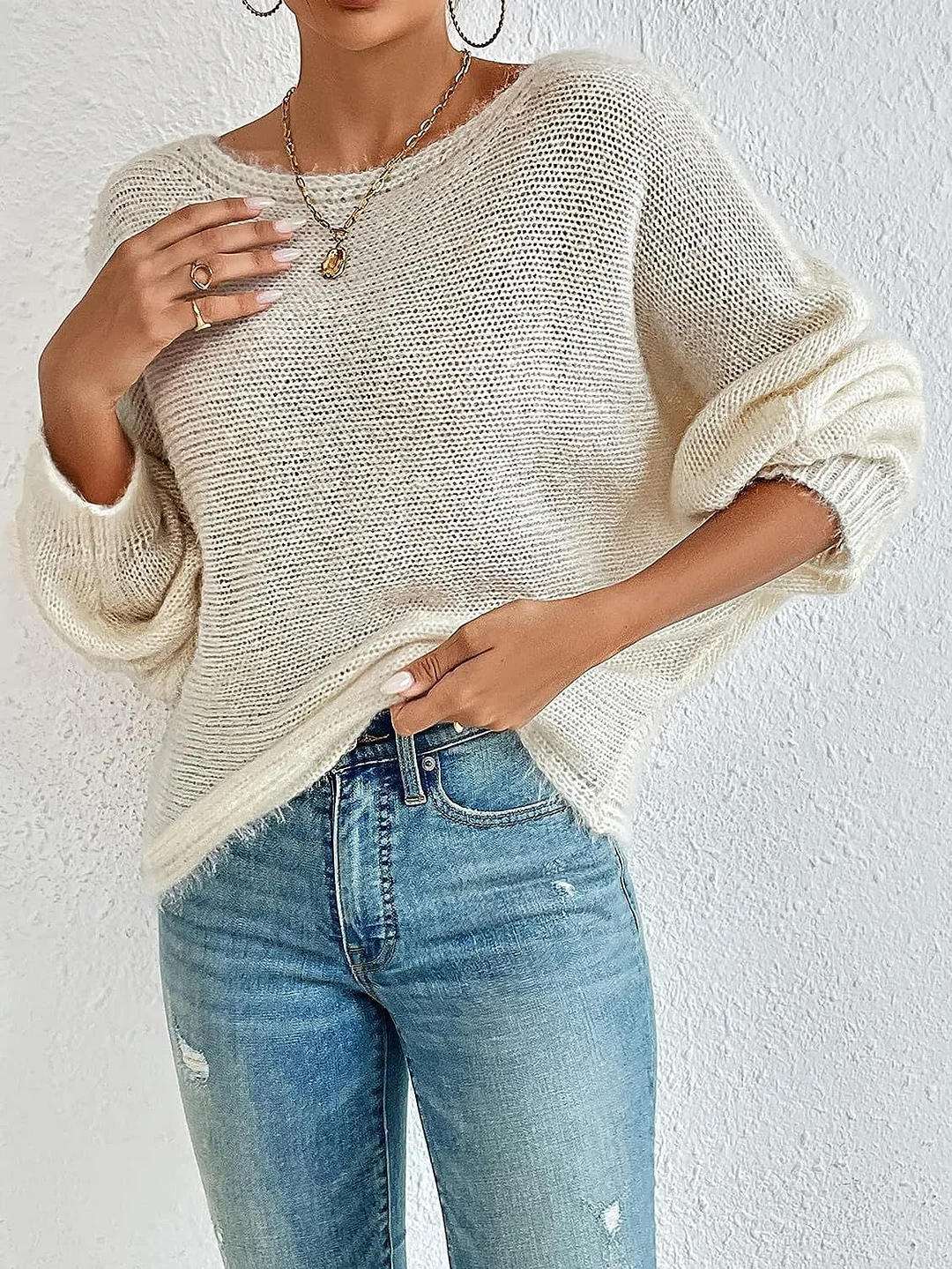 Athvotar Athvotar Fashion Sexy Hollow Knitted Sweater Collared Bat Shirt Woman