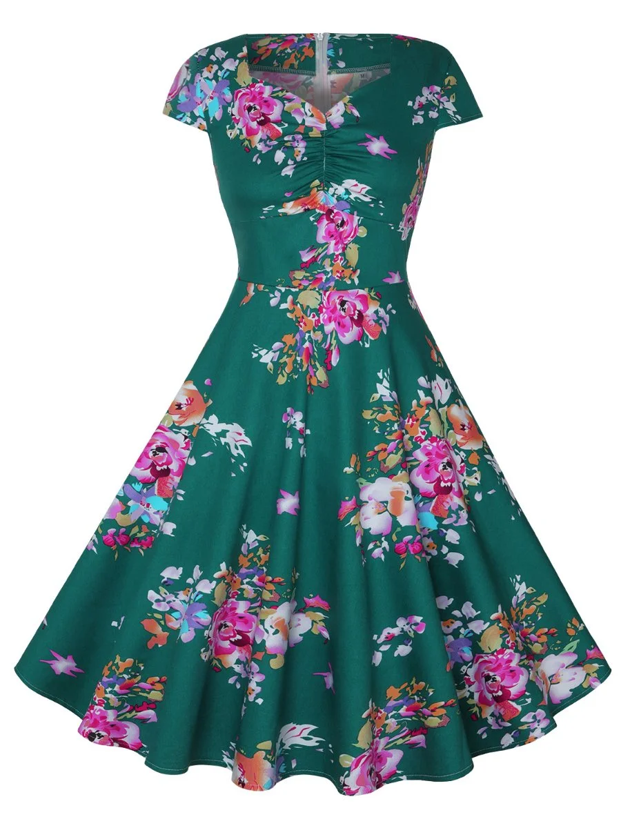 Vintage Dress For Women Hepburn Style Print Swing Plus Size Dress