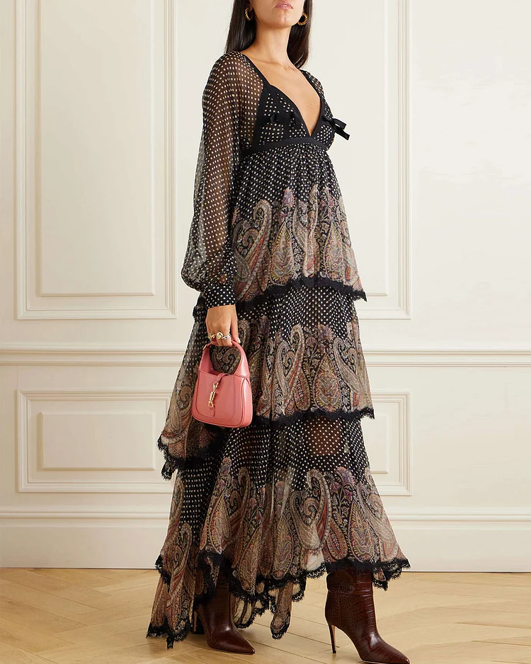  Lace-trimmed printed silk-chiffon maxi dress 